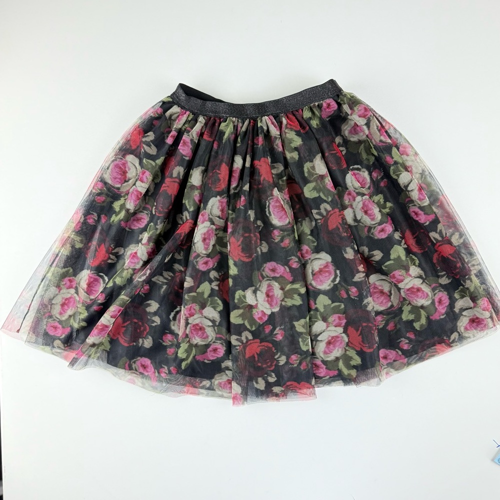 1989‎ Place Black Pink Red Floral Print Flared Tulle Skirt